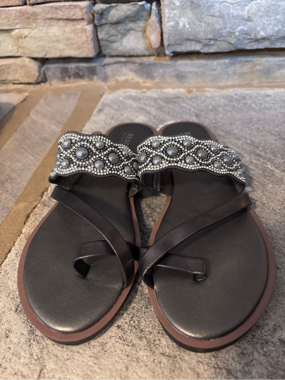 Embellished Black Leather Toe-Loop Sandals